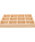 Knockout Solid Wood Jewelry Tray With 12 Grid Compartments, straight view showing light wood with smooth polished finish.
