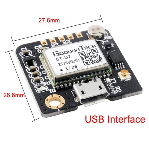 GT U7 GPS Module Kit Two Pack With Active Antenna High Sensitivity Navigation Receiver featuring USB interface and dimensions.