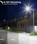 Beefy LED Parking Lot Light 150W 100W 75W Adjustable displaying dimming options on a suburban street at night