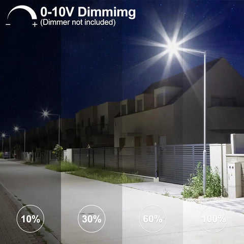 Beefy LED Parking Lot Light 150W 100W 75W Adjustable displaying dimming options on a suburban street at night