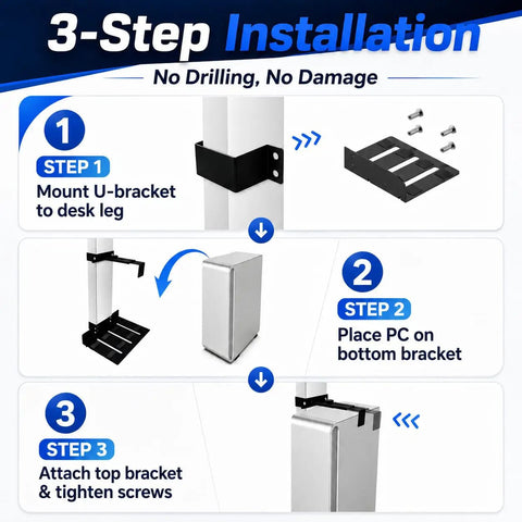 3-step installation guide for Slick Under Desk PC Mount features no drill setup for standing desks and adjustable workstations.