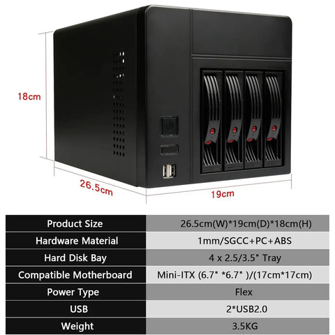 Mini ITX NAS Case K3 Dope 4 Bay DIY Computer Enclosure with front USB ports and 4 drive trays, ideal for ITX motherboard and Flex PSU.