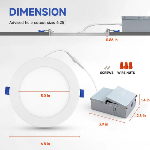 Heavy Hitter 6 Inch Slim Recessed Led Downlight With Junction Box Ic Rated Dimmable Can Light 5000k Daylight dimensions illustrated