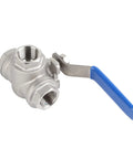 Kickass Heavy Duty One Half Inch 304 Stainless Steel Three Way Ball Valve T Port with blue handle for plumbing use.