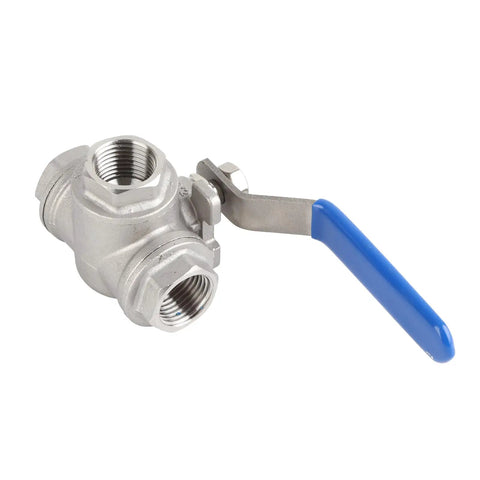 Kickass Heavy Duty One Half Inch 304 Stainless Steel Three Way Ball Valve T Port with blue handle for plumbing use.