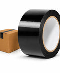Heavy Duty Black Packing Tape, 2 Inch By 110 Yards, Acrylic Adhesive Box Sealing Roll next to a brown shipping box.