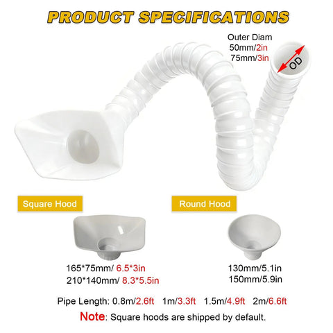 Adjustable 4.9FT Real Deal Smoke Extractor Arm with heavy duty dust hose and specifications for square and round hoods.