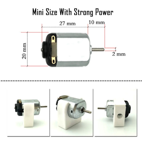 Six Pack Small DC Hobby Motors Starter Kit with 3V drive 24000 RPM, showing 27mm diameter and 2mm shaft details.