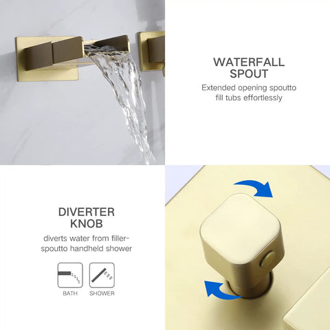 Brushed Gold Wall Mount Tub Faucet With Handheld Sprayer and Hand Shower, featuring waterfall spout and diverter knob for easy control.