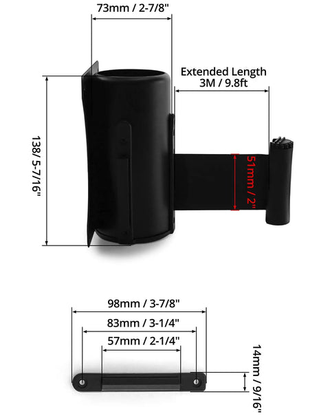 Wall Mounted Retractable Belt Barrier Two Pack For Crowd Control With 10 Foot Belts dimensions shown with extended length.