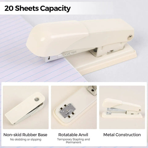 Must-Have All In One Desk Organizer Set For Home Office And School with beige stapler and highlighted features.