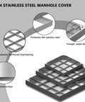 Diagram of Invisible Square Septic Tank Covers with features, including 304 stainless steel, reinforced grid for 6600 lbs support.