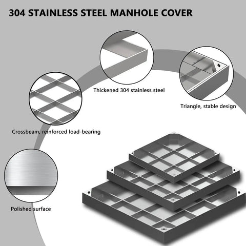 Diagram of Invisible Square Septic Tank Covers with features, including 304 stainless steel, reinforced grid for 6600 lbs support.