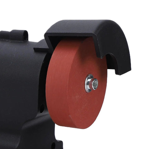 Close-up view of the Walfront 18 Volt Cordless Mini Bench Grinder With 200 Watt Power And 7000 Rpm Speed with dual grit wheel.