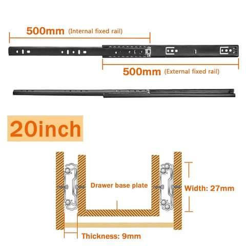 Heavy Duty Drawer Slides And Table Extension Rails, Two-Section Stretching, Thick Cold-Rolled Steel, Ultra Strong 50kg Per Pair, Quiet Cushioned Rails With Rubber Pads And Ball Bearings, Rust-Resistant, Durable Build, 500mm 20in drawer slide measurements