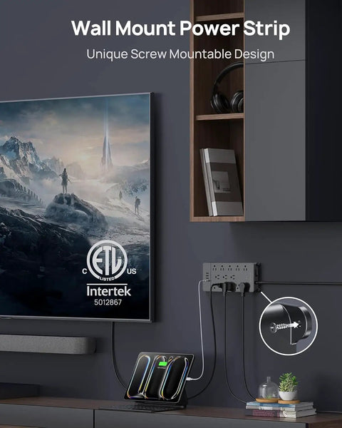 Beefed Up Power Strip Surge Protector With 10 Foot Cord And USB Ports 4000 Joules ETL Listed wall mounted near TV setup