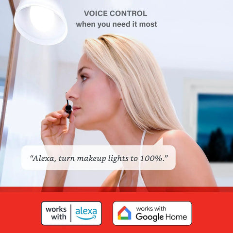 Woman using BR30 Smart Flood Light Bulbs With WiFi No Hub Needed 650 Lumen Daylight 60W Equivalent E26 Base Works With Alexa