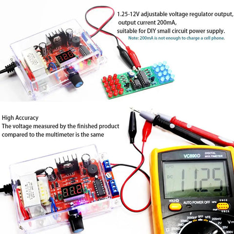 Adjustable LM317 Power Supply Kit From 110V To DC With 1.25V To 12V Output Built In Voltmeter with digital display and probes