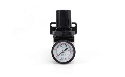 Front view of SNS air compressor pressure regulator with gauge, mounting bracket, 1/4 in NPT female thread