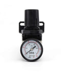 Adjustable Air Pressure Regulator 1 by 8 NPT Female Thread With Gauge and Bracket 0 to 150 PSI Built Tough Aluminum Alloy Body 550 LPM Flow Easy Rotary Knob Operation, front view