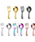 Set of colorful stainless steel fork and spoon, different finishes, for Two Piece Portable Camping Cutlery Set With Stainless Steel Spoon And Fork For Outdoor Hiking And Cooking On The Go, Lightweight, Durable, Easy To Clean, Ideal For Camping, Backpacking, And Backcountry Meals.