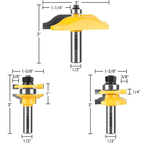 Ogee Three Bit Raised Panel Cabinet Door Router Bit Set With One Half Inch Shank Carbide Tipped For Clean Trim And Grooving Universal Fit