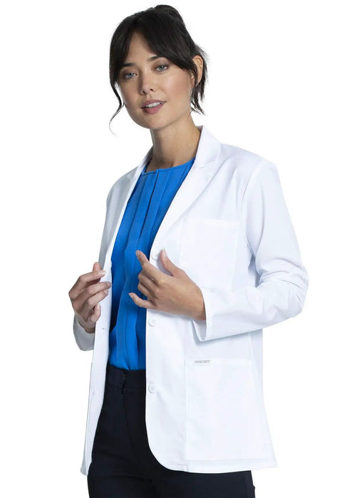 Woman wearing Women's 28 Inch Lab Coat With Notched Lapels, Back Princess Seams, Three Button Front Closure, White Medical Coat