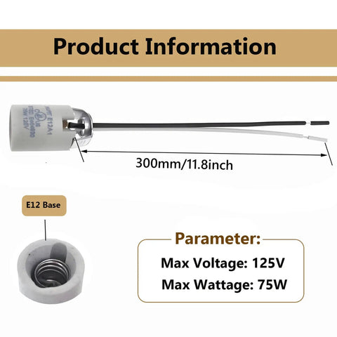 Top Shelf E12 Candelabra Ceramic Socket With 10 Inch Pigtail Wires UL Certified heat resistant lampholder with 300mm wire.