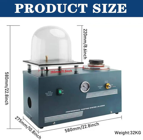 375W Vacuum Casting System With 2L Pump, Precision Gauge, Oil Port, And 11x11 Inch Workbench dimensions and features