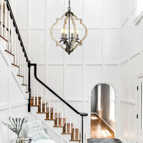 Farmhouse Orb Chandelier With 4 Lights, Handmade Distressed Wood And Rusty Metal Fixture in a modern foyer setting