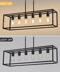 Slick Black 6 Light Linear Chandelier with adjustable mounting, showcasing lights on and off, modern farmhouse design.