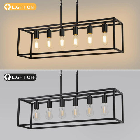 Slick Black 6 Light Linear Chandelier with adjustable mounting, showcasing lights on and off, modern farmhouse design.