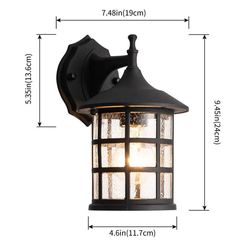 10 Inch Black Outdoor Coach Lights With Seeded Glass Shade Waterproof Patio Wall Lights for Porch, ETL Listed, side view