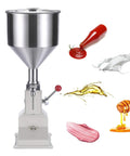 Manual Paste and Liquid Bottle Filler 5-55ml Adjustable Stainless Steel Construction with 22lb Hopper shown with various liquids