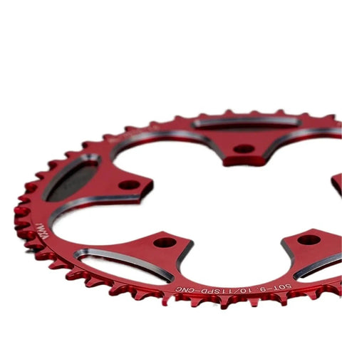 Close-up of 110BCD Mountain Bike Chainring Set With Narrow Wide Teeth To Stop Chain Drops Fits 36 To 58T Sprockets Durable 54T Red Crown Ring With Screw Crank Set Parts For MTB Adventures
