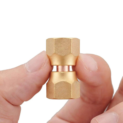 Two Pack Brass 1/4 Inch Female Flare Swivel Adapter Kit For Plumbing, Must Have Swivel Nut Flare Tube Fitting Valve Connector, Durable Solid Brass, Leak Proof, Easy Install, High Pressure Compatible. brass flare adapter held between fingers