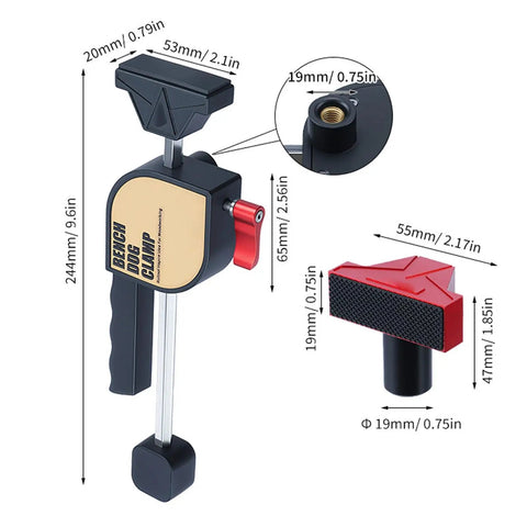 Pro Grade Heavy Duty Bench Dog Clamp Set for Workbench with Adjustable Screw Clamps, Aluminum and Rubber, Dimensions Shown