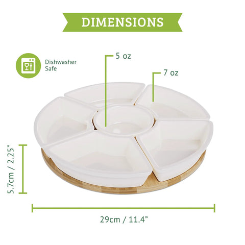 Slick Ceramic Taco Lazy Susan Featuring Six Deep Bowls And A Silky Swivel Base For Enhancing Your Weekly Taco Bar Hosting With Next Level Crew Hangout Vibes Perfect For Tailgate Nights And Backyard Gatherings dimensions showing six compartments and central bowl