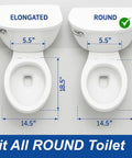 Comparison of elongated and round toilets, dimensions shown. Elongated Toilet Seat With Quiet Close Lid No Slam Slow Close Fits Standard Elongated Or Oblong Toilets Oval White Easy Install And Durable Comfort For Everyday Use.