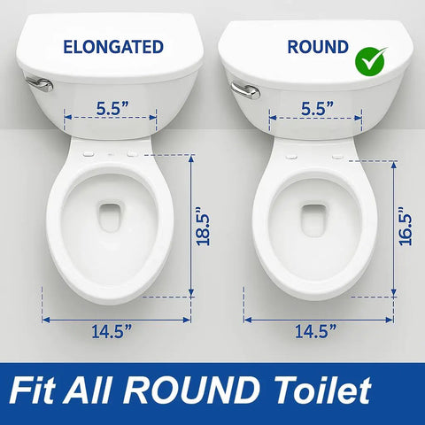 Comparison of elongated and round toilets, dimensions shown. Elongated Toilet Seat With Quiet Close Lid No Slam Slow Close Fits Standard Elongated Or Oblong Toilets Oval White Easy Install And Durable Comfort For Everyday Use.