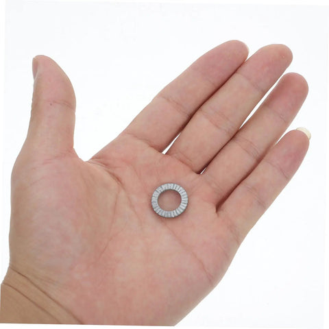 Top Shelf Tapered Lock Washers For M10 Manganese Steel 20 Pack shown in a hand for size comparison.