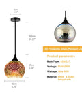 Set of 3 Modern Glass Pendant Lights With Colorful 3D Firework Design, Adjustable Cables, illustrated dimensions and materials