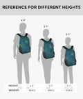 Ultra Lightweight 20L Packable Daypack For Travel, Hiking And Camping shown on silhouettes of varying heights for scale.