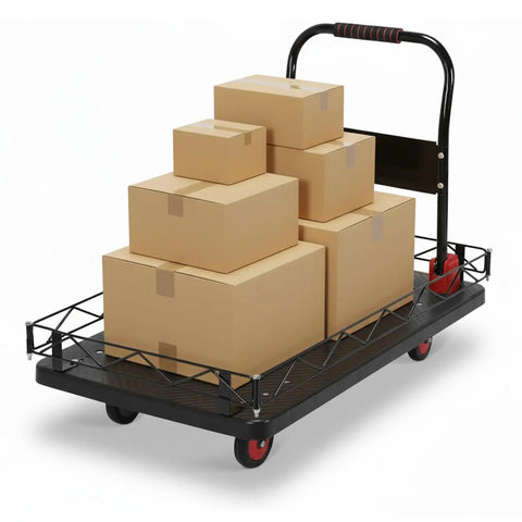 2 In 1 Heavy Duty Flatbed Cart With Foldable Platform And Removable Cage Five Silent TPR Wheels 2000 Lbs Capacity Hand Truck For Garage Or Warehouse Converts To Flat Cart For Large Loads, loaded with boxes