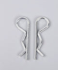 Premium 150 Pack R Shape Cotter Pins Made From Tough Carbon Steel For Heavy Duty Engineering Jobs, two silver cotter pins displayed.
