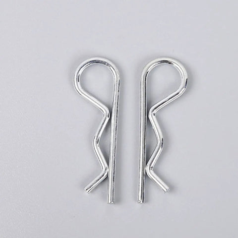Premium 150 Pack R Shape Cotter Pins Made From Tough Carbon Steel For Heavy Duty Engineering Jobs, two silver cotter pins displayed.