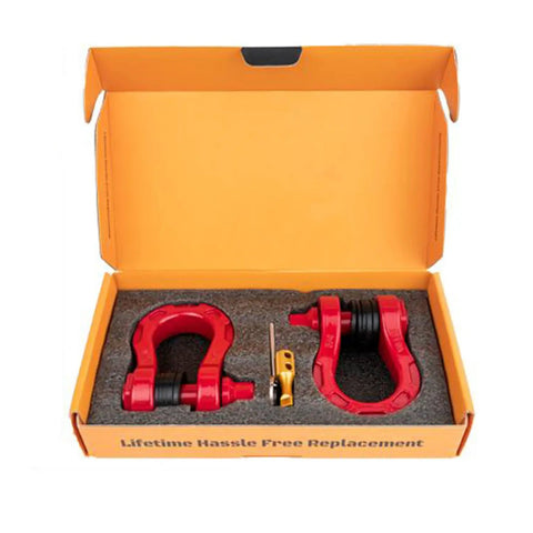 Boxed red Aluminum Alloy Ultra Bow Shackles For Off Road Recovery, 30,000 LBS MBS And 10,000 LBS WLL, Red 2 Pack