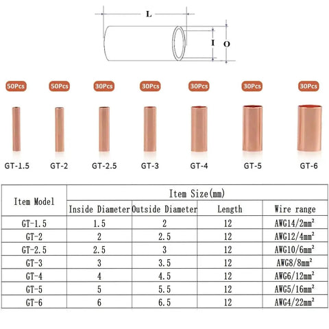 All In One 250 Pcs Copper Wire Ferrules Kit With 7 Size Non Insulated Crimp Connectors and diagram showing lengths and diameters.