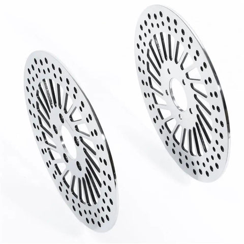 Heavy Duty Front Brake Rotor Pair Two Piece Set For Left Driver And Right Passenger Side Replacement Stainless Steel Silver Finish.