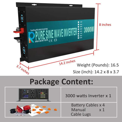 Badass 3000 Watt Pure Sine Wave Solar Power Inverter With Dual US Outlets And Bright LED Readouts, 14.2x8x3.7 inches.